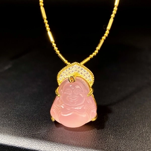 New Chinese Style 925 Sterling Silver Copper Pink Chalcedony Buddha Pendant Necklace Elegant Maitreya Rhinestone Necklace For Women