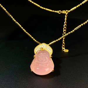 S925 silver Maitreya Buddha pendant necklace with pink chalcedony and gold plating