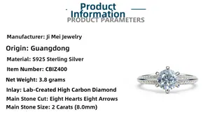 Detailed specs of S925 silver ring featuring a 2ct round cut moissanite in 6-prong setting