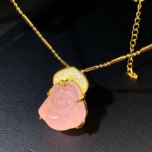 Pink jadeite Buddha necklace in gold S925 sterling silver with sparkling crystal inlay