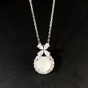 S925 sterling silver bow pendant necklace with white chalcedony stone and pavé accents