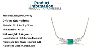 Detailed view of S925 silver necklace with 3ct emerald-cut green gemstone and marquise diamonds