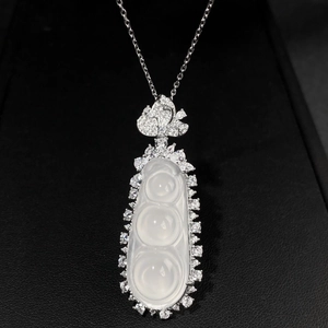 Collier Pendentif Haricot en Argent S925 et Calcédoine Naturelle pour Femme avec Strass Incrustés Bijoux Fins