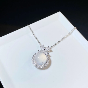 S925 sterling silver bow necklace with halo set round chalcedony and zircon pendant