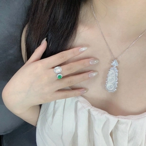 Parure collier pendentif en calcédoine argent S925 et bague ouverte assortie