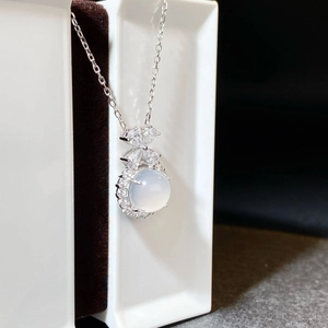 S925 sterling silver bow necklace with oval white chalcedony and zircon stones