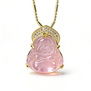 Pink jade Buddha pendant in gold plated S925 silver with a beaded necklace chain
