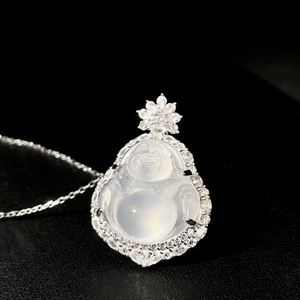 S925 Sterling Silver Buddha Pendant Necklace with translucent white chalcedony and diamonds