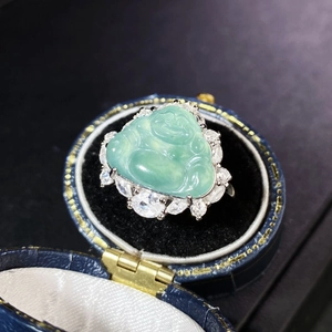 S925 sterling silver ring with natural green jade Buddha and zircon halo in a velvet box