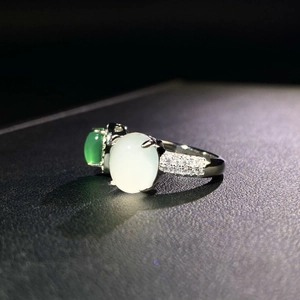 Elegant S925 silver double stone ring with green and white chalcedony and pavé diamonds