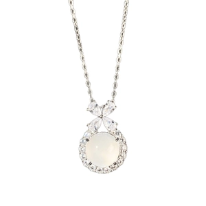 Elegant S925 sterling silver bow necklace with round white chalcedony and zircon stones