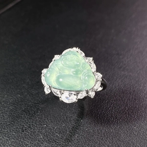Detail of S925 silver Buddha ring featuring light green jadeite and sparkling zircons