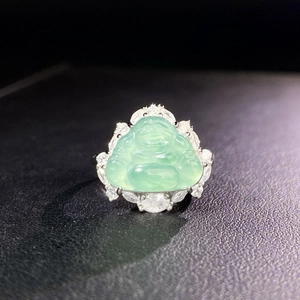 Adjustable S925 sterling silver ring with natural green jade Buddha and zircon stones