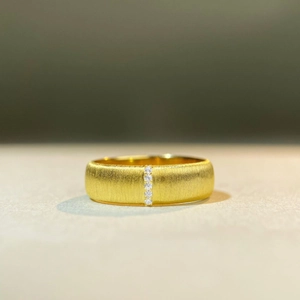 Macro detail of brushed 18K gold ring with five vertical inset diamonds