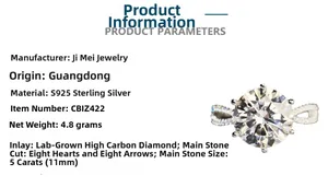 Detailed specs of S925 silver ring featuring 5ct round cut moissanite and 6-prong setting
