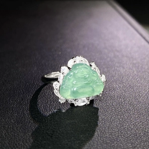 S925 sterling silver ring with natural green jade Buddha and shimmering cubic zirconia stones