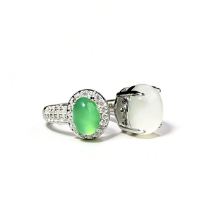 Elegant S925 sterling silver open ring featuring green chalcedony and white agate stones