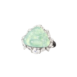 S925 sterling silver ring with light green jade Buddha and sparkling zircon halo