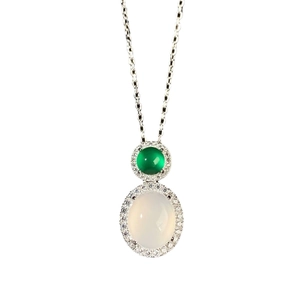 Elegant S925 silver necklace featuring green and white oval chalcedony double pendants