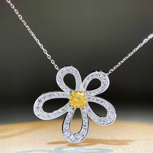 Collier Pendentif Tournesol en Argent Sterling 925 avec Strass Rose Jaune Coupe Radiant Élégante Chaîne de Clavicule Florale pour Femmes Bijoux