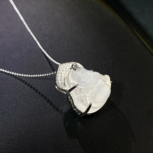 S925 sterling silver Laughing Buddha pendant with translucent white chalcedony gemstone