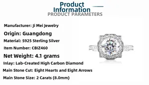 Detail view of 925 sterling silver ring featuring a 2ct moissanite with heart and arrow cut