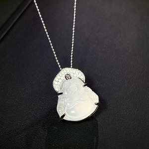 S925 sterling silver Laughing Buddha pendant with white chalcedony on ball chain necklace