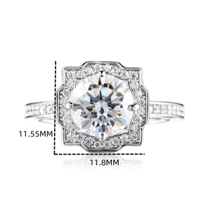 Macro view of 925 silver moissanite halo ring showing 11.8mm x 11.55mm dimensions