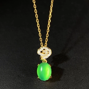 Collana con Ciondolo in Calcedonio Verde in Argento Sterling 925 per Donna Elegante Nuovo Stile Cinese Oro Strass Gioielli