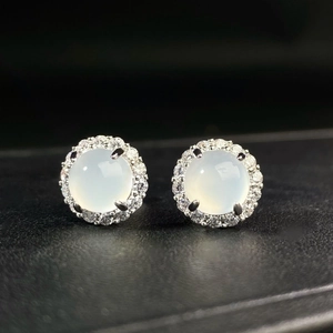 S925 silver stud earrings with translucent green chalcedony and micro-pave crystals