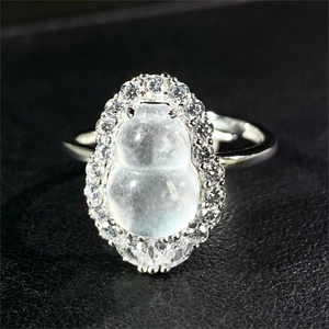 Bague ajustable en argent avec jade translucide en forme de gourde et zircon