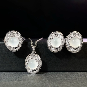 Elegant Chinese style silver plated jewelry set with white chalcedony and zircons