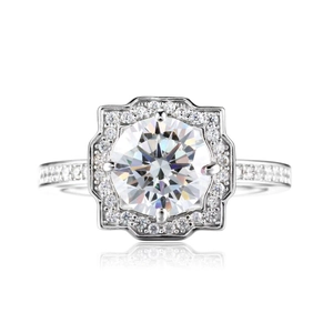 Classic 925 sterling silver moissanite ring with halo setting and pave band on white base