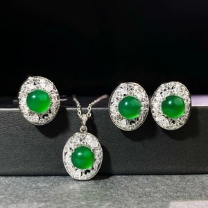 Chinese style silver plated jewelry set with green chalcedony necklace ring and earrings