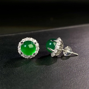 S925 silver emerald green chalcedony halo stud earrings with brilliant zircon accents