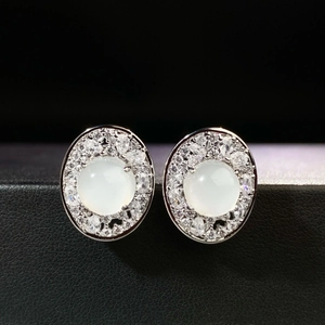 Elegant S925 silver chalcedony stud earrings with halo cubic zirconia and white gemstone