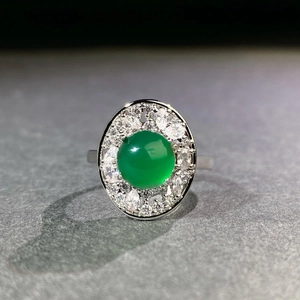 Vintage imperial green chalcedony ring with crystal halo on polished silver band