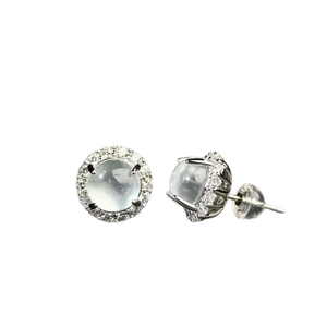 S925 silver chalcedony halo stud earrings with high-ice green gemstone and zircon pavé