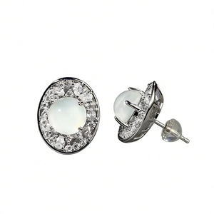 S925 silver stud earrings featuring translucent chalcedony and zircon stones in a round design