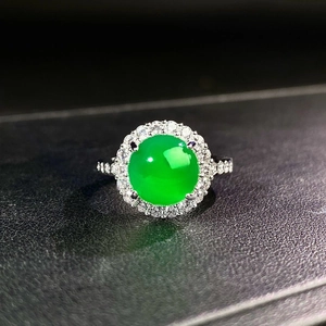 Elegant adjustable open ring with oval green chalcedony stone and sparkling halo pavé