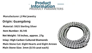 Macro detail of 3mm S925 sterling silver tennis chain with eight hearts and arrows cut stones