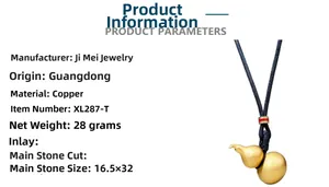 Spécifications du pendentif gourde dorée en cuivre de 16,5x32mm avec cordon noir tressé