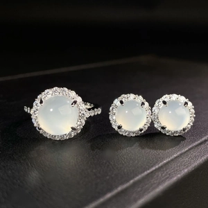 Detail of silver jewelry set with white chalcedony stones and micro-paved halo diamonds