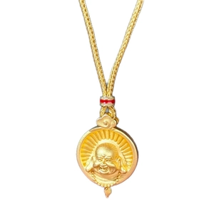 18K gold plated Laughing Buddha pendant necklace with adjustable woven cord and tassel