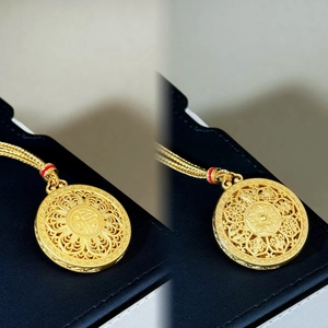 Vintage Copper Filigree Hollow Fu Character Pendant Necklace Chinese Style Round Blessing Jewelry For Men Women Gift