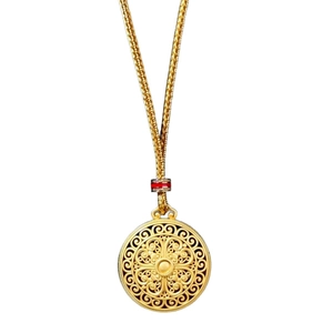 Vintage Chinese style gold pendant necklace with filigree detail and red enamel accent