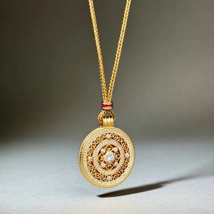Collier avec pendentif boussole mandala doré, motifs filigranes et cristaux brillants