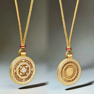 Vintage Mandala Compass Pendant Necklace Gold Plated Copper Zirconia Inlaid Adjustable Rope Chain Ethnic Jewelry For Women