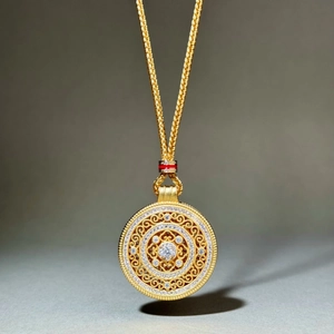 Vintage gold hollow compass pendant necklace with diamonds and red enamel detail