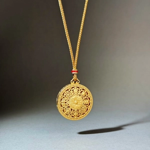 Exquisite gold Fu pendant necklace with hollow patterns and red accent in vertical view